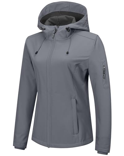 Outdoor Ventures Sportjacke Damen Wasserdichte Atmungsaktiv Softshelljacke - Übergangsjacke Winddichte Regenjacke Funktionsjacke mit Kapuze Hellgrau 2XL von Outdoor Ventures