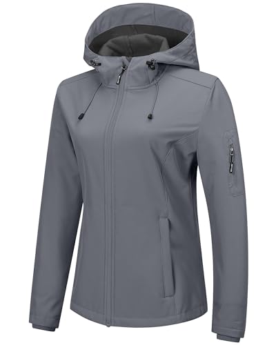 Outdoor Ventures Jacke Damen Wasserdichte Atmungsaktiv Softshelljacke - Übergangsjacke Winddichte Regenjacke Funktionsjacke mit Kapuze Hellgrau XL von Outdoor Ventures