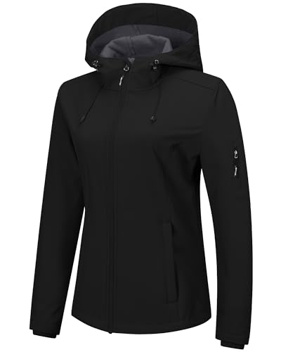 Outdoor Ventures Sportjacke Damen Wasserdichte Atmungsaktiv Softshelljacke - Übergangsjacke Winddichte Regenjacke Funktionsjacke mit Kapuze Schwarz 2XL von Outdoor Ventures