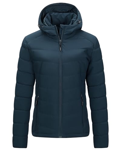 Outdoor Ventures Wasserdichte üBergangsjacke Damen Warme Winterjacke mit Kapuze für Frauen Leichte Steppjacke Pufferjacke Wandern Camping Reisen Dunkelblau M von Outdoor Ventures