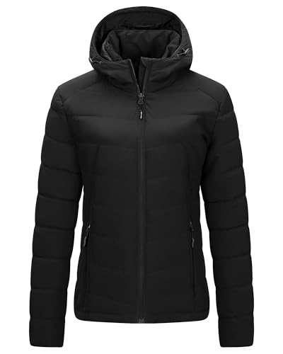 Outdoor Ventures Wasserdichte üBergangsjacke Damen Warme Winterjacke mit Kapuze für Frauen Leichte Steppjacke Pufferjacke Wandern Camping Reisen Schwarz S von Outdoor Ventures