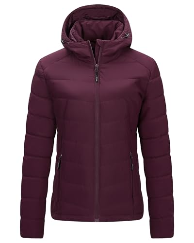 Outdoor Ventures Wasserdichte üBergangsjacke Damen Warme Winterjacke mit Kapuze für Frauen Leichte Steppjacke Pufferjacke Wandern Camping Reisen Weinrot XXL von Outdoor Ventures