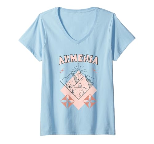 Damen Minimaler Boho Travel Line Art Urlaub in Armenien T-Shirt mit V-Ausschnitt von Outdoors Armenia Trip Tees