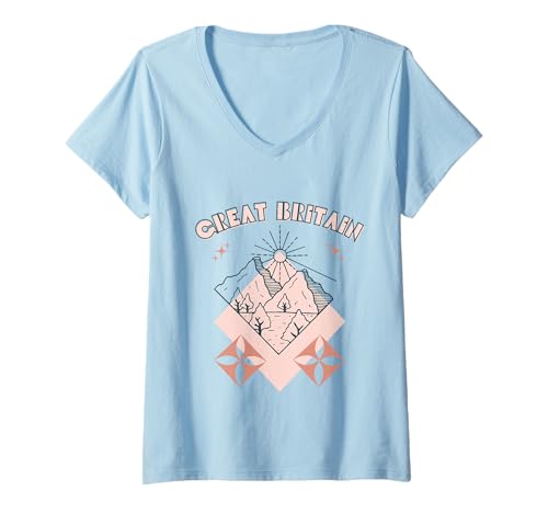 Damen Minimal Boho Travel Line Art Urlaub in Großbritannien T-Shirt mit V-Ausschnitt Damen Minimal Boho Travel Line Art Urlaub in Großbritannien T-Shirt mit V-Ausschnitt von Outdoors Great Britain Trip Tees
