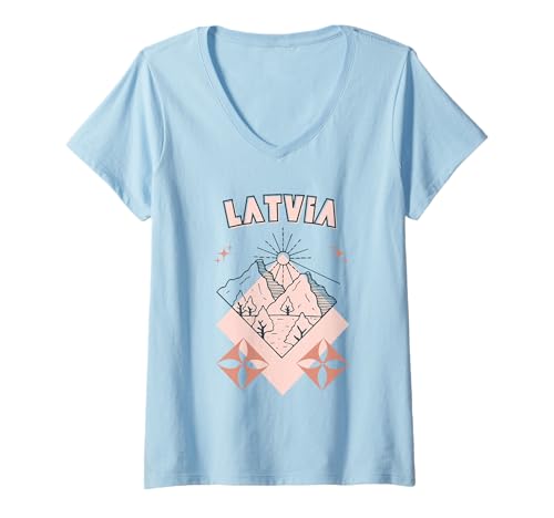 Damen Minimal Boho Travel Line Art Lettland Vacation T-Shirt mit V-Ausschnitt von Outdoors Latvia Trip Tees