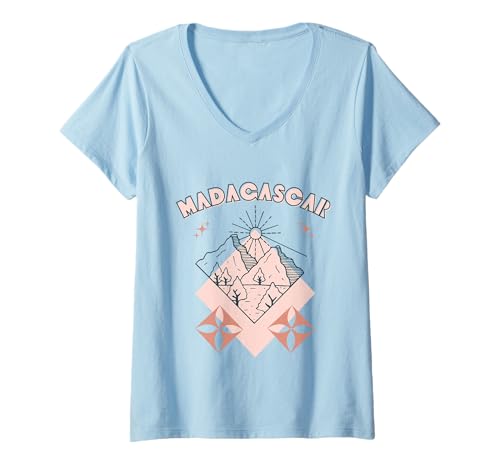 Damen Minimal Boho Travel Line Art Madagaskar Urlaub T-Shirt mit V-Ausschnitt von Outdoors Madagascar Trip Tees