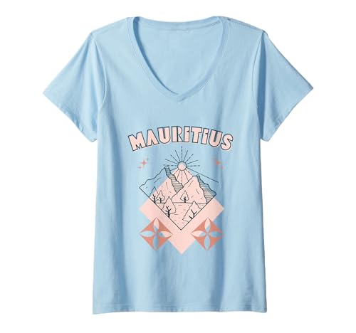 Damen Minimaler Boho Travel Line Art Urlaub auf Mauritius T-Shirt mit V-Ausschnitt von Outdoors Mauritius Trip Tees