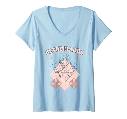 Damen Minimal Boho Travel Line Art Niederlande Urlaub T-Shirt mit V-Ausschnitt von Outdoors Netherlands Trip Tees