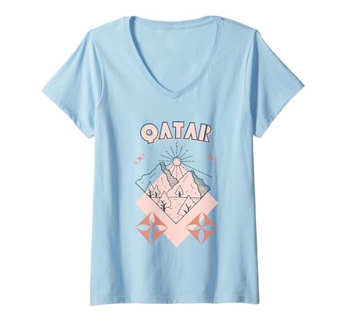 Damen Minimaler Boho Travel Line Art Urlaub in Katar T-Shirt mit V-Ausschnitt Damen Minimaler Boho Travel Line Art Urlaub in Katar T-Shirt mit V-Ausschnitt von Outdoors Qatar Trip Tees