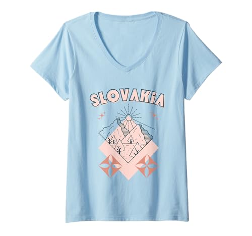 Damen Minimal Boho Travel Line Art Slowakei Urlaub T-Shirt mit V-Ausschnitt von Outdoors Slovakia Trip Tees