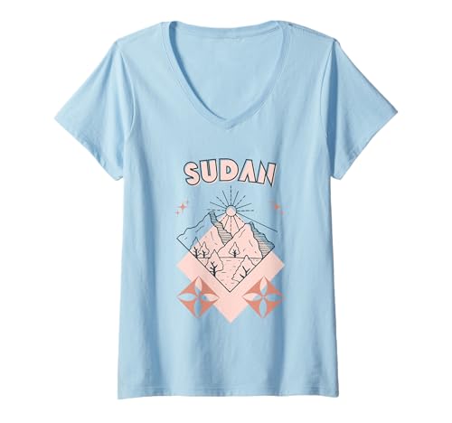 Damen Minimaler Urlaub im Sudan mit Boho Travel Line Art T-Shirt mit V-Ausschnitt von Outdoors Sudan Trip Tees