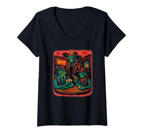 Damen Aliens Spielkarten in Wild West Bar Szene T-Shirt mit V-Ausschnitt Damen Aliens Spielkarten in Wild West Bar Szene T-Shirt mit V-Ausschnitt von Outer Saloon Co