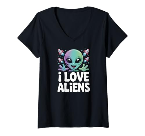 Damen Ich Liebe Aliens süßes außerirdisches Lächeln T-Shirt mit V-Ausschnitt Damen Ich Liebe Aliens süßes außerirdisches Lächeln T-Shirt mit V-Ausschnitt von Outer Space Alien Spaceship Rocket Fun