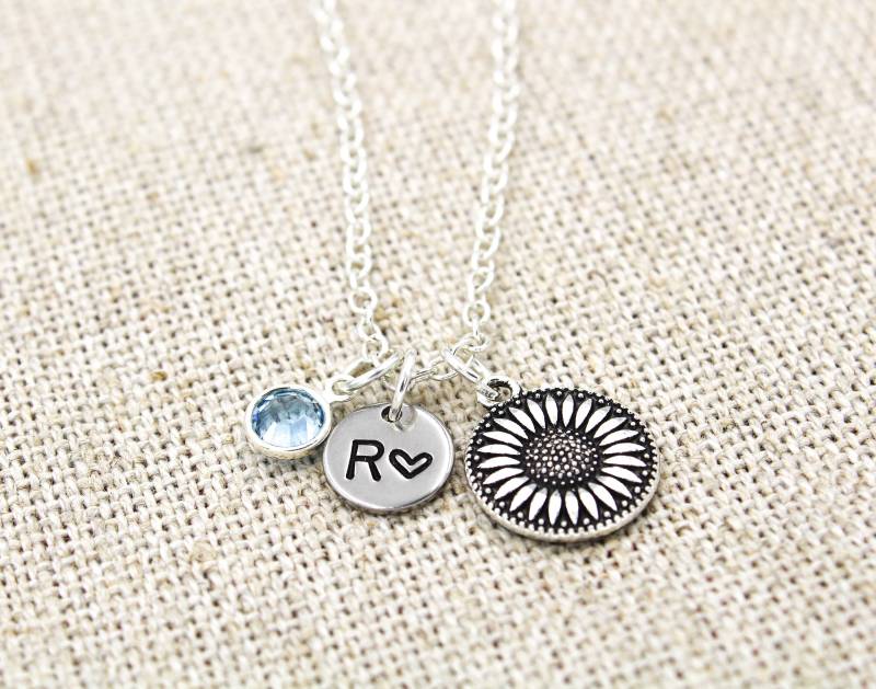 Benutzerdefinierte Sonnenblume Halskette, Geburtsstein Initial Schmuck, Gänseblümchen Blume Brautjungfer Wildblumen Schmuck Benutzerdefinierte Sonnenblume Halskette, Geburtsstein Initial Schmuck, Gänseblümchen Blume Brautjungfer Wildblumen Schmuck von OuterWonders