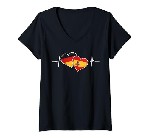 Damen Deutschland Spanien Freundschaft Herz Flagge T-Shirt mit V-Ausschnitt von Outfit Deutschland Spain Freundschaft