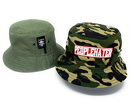 Outfitfabrik Anglerhut/Bucket Hat/Fischerhut zum Wenden Peoplehater, 3D Stick in weiß/rot, Hut in Camouflage/Oliv, einseitig unbestickt, One Size (Provokation, Statement) von Outfitfabrik