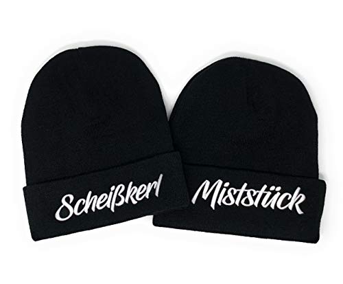 Outfitfabrik Beanie Set Scheißkerl und Miststück in schwarz mit weißem 3D-Stick (2 Beanies, warme Wintermütze, Geschenk, Statement, Sprüche, Strick) für Männer und Frauen, dehnbar von Outfitfabrik