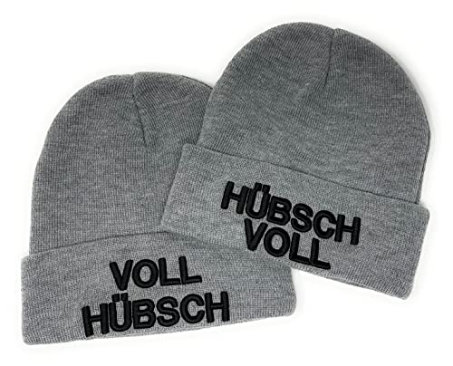 Outfitfabrik Beanie Set Voll hübsch und Hübsch voll in grau mit schwarzem 3D-Stick (2 Beanies, warme Wintermütze, Geschenk, Statement, Sprüche), für Männer und Frauen, dehnbar von Outfitfabrik