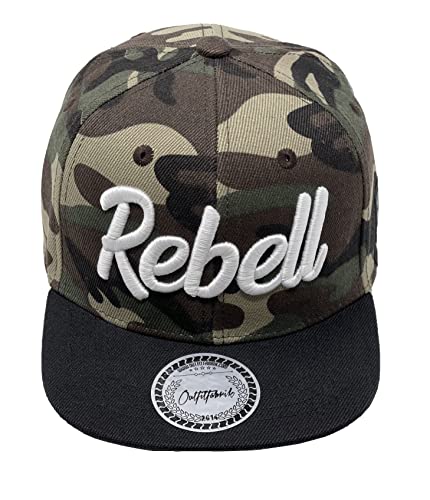 Outfitfabrik Kids/Kinder Snapback Cap Rebell in Camouflage mit schwarzem Schirm und weißem 3D-Stick, verstellbar, One Size, für Mädchen und Jungen von Outfitfabrik