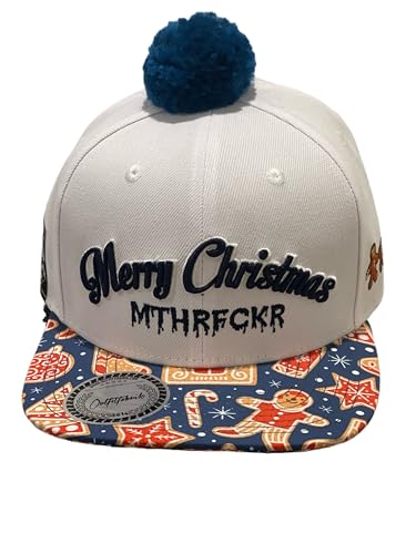 Outfitfabrik LIMITIERTES Snapback Cap „Merry Christmas Mthrfckr in weiß mit Blauer Bommel, Schirm mit Lebkuchen-Motiv, 3D-Stick, Unisex, verstellbar von Outfitfabrik