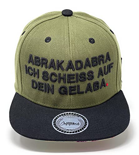 Outfitfabrik Snapback Cap „Abrakadabra ich scheiß auf Dein Gelaba“ in Oliv, Schirm Oben schwarz, Unterseite mit Fuck Off-Motiv, 3D-Stick (Lifestyle, Provokation, Statement) Unisex, verstellbar von Outfitfabrik