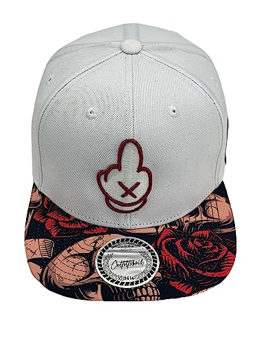 Outfitfabrik Snapback Cap „Comic Finger“ in weiß, Schirm mit Rosen-Skull-Motiv, 3D-Stick (Lifestyle, Provokation, Statement) Unisex, verstellbar von Outfitfabrik