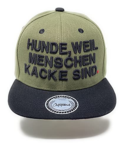 Outfitfabrik Snapback Cap „Hunde, Weil Menschen Kacke sind“ in Oliv, Schirm mit Fuck Off-Motiv, schwarzer 3D-Stick (Lifestyle, Provokation, Statement), verstellbar von Outfitfabrik