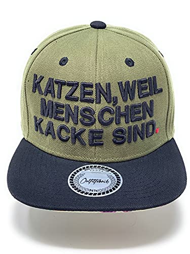 Outfitfabrik Snapback Cap „Katzen, Weil Menschen Kacke sind“ in Oliv, Schirm mit Fuck Off-Motiv, schwarzer 3D-Stick (Lifestyle, Provokation, Statement), verstellbar von Outfitfabrik