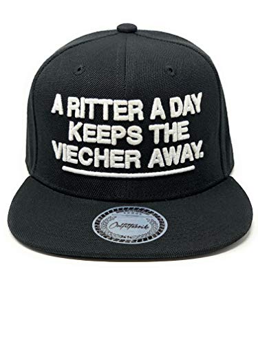 Outfitfabrik Snapback Cap A Ritter a Day Keeps The Viecher Away in schwarz mit 3D-Stick in weiß (Lifestyle, Provokation, Statement, lustige Sprüche) für Männer und Frauen, One Size von Outfitfabrik