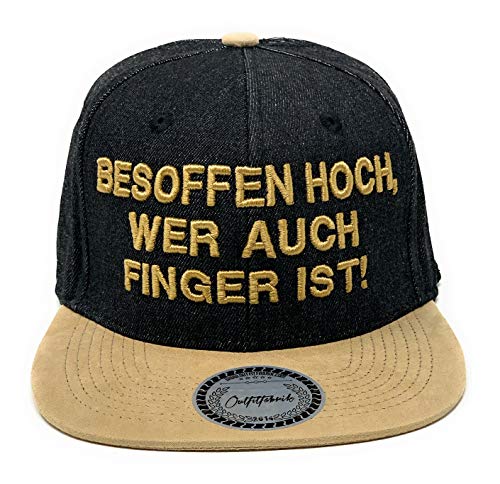 Outfitfabrik Snapback Cap Besoffen hoch, wer auch Finger ist in schwarzem Jeanslook mit Schirm im Alcantara-Stil und 3D-Stick (Festival, Alkohol, Statement, Saufen), für Männer und Frauen von Outfitfabrik