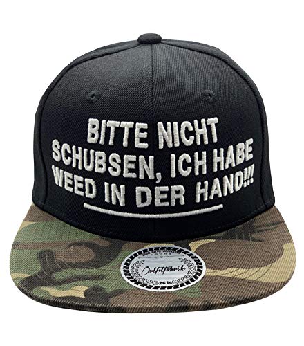 Outfitfabrik Snapback Cap Bitte Nicht schubsen, ich Habe Weed in der Hand in schwarz/Camouflage mit 3D-Stick (Hanf, Festival, Dope, Canabis) von Outfitfabrik