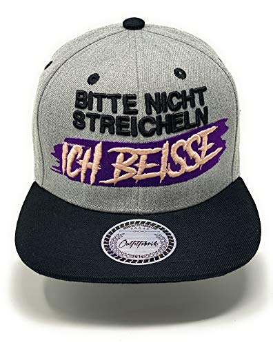 Outfitfabrik Snapback Cap Bitte Nicht streicheln, ich beiße in grau mit schwarzem Schirm und 3D-Stick (Lifestyle, Provokation, Statement, Party), One Size, für Männer und Frauen, verstellbar von Outfitfabrik