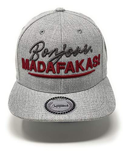 Outfitfabrik Snapback Cap Bonjour Madafakas in grau mit 3D-Stick in rot/grau (Lifestyle, Provokation, Statement), One Size, für Männer und Frauen, verstellbar an der Rückseite von Outfitfabrik