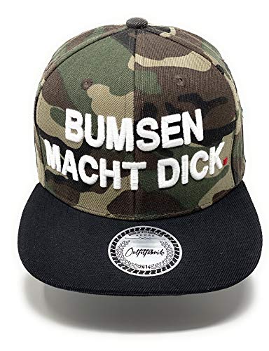 Outfitfabrik ❤️ Snapback Cap Bumsen Macht dick in Camouflage, schwarzer Schirm, mit 3D-Stick in weiß, für Männer und Frauen, One Size, verstellbar (lustige Sprüche, Provokation) von Outfitfabrik