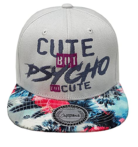 Outfitfabrik Snapback Cap Cute but Psycho but Cute in weiß mit Palmen-Muster-Schirm und 3D-Stick (Statement, Spruch, Blumen), One Size von Outfitfabrik