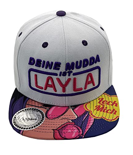 Outfitfabrik Snapback Cap Deine Mudda ist Layla in weiß/lila mit Lollipop-Schirm und 3D-Stick (Provokation, Statement) für Herren und Damen, One Size, verstellbar von Outfitfabrik