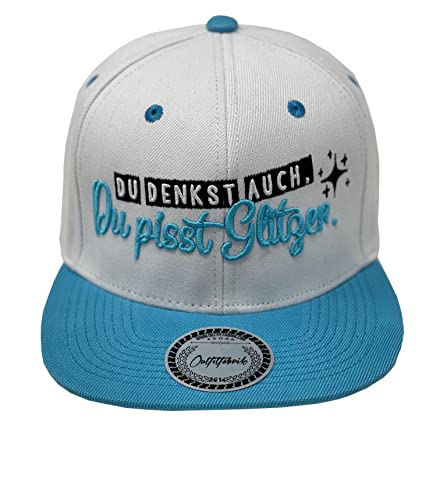 Outfitfabrik Snapback Cap Du denkst auch, du pisst Glitzer in weiß mit hellblauem Schirm und 3D-Stick (Statement), One Size, verstellbar, Unisex von Outfitfabrik