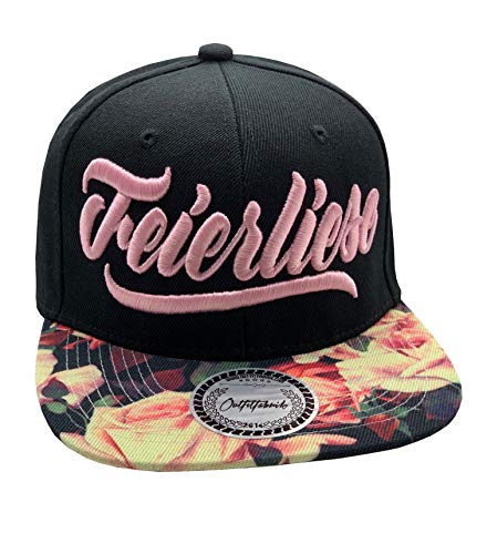 Outfitfabrik Snapback Cap Feierliese in schwarz mit Flower-Muster-Schirm und rosa 3D-Stick (Festival, Party, Statement, Feiern, Blumen), One Size von Outfitfabrik