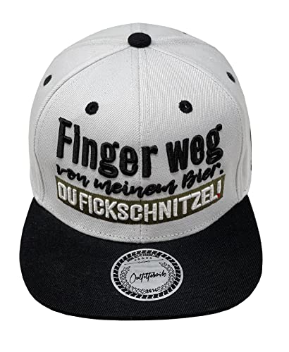 Outfitfabrik Snapback Cap Finger Weg von Meinem Bier, du Fickschnitzel in weiß mit schwarzem Schirm und 3D-Stick (Statement, Festival), One Size, verstellbar, Unisex von Outfitfabrik
