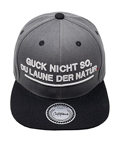 Outfitfabrik Snapback Cap Guck Nicht so, du Laune der Natur in dunkelgrau/anthrazit mit schwarzem Schirm und weißem 3D-Stick (Provokation, Statement) Unisex, One Size, verstellbar von Outfitfabrik