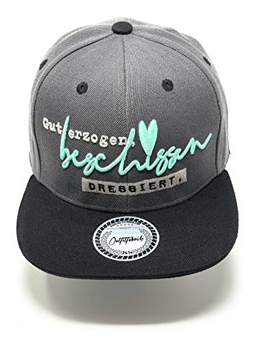 Outfitfabrik Snapback Cap Gut erzogen, beschissen dressiert in dunkelgrau, schwarzer Schirm, 3D-Stick in weiß/Mint (Lifestyle, Provokation, Statement), One Size, Männer und Frauen, verstellbar von Outfitfabrik