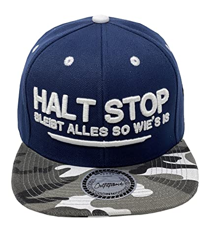 Outfitfabrik Snapback Cap Halt Stop, bleibt Alles so wie´s is in blau/Camouflage mit 3D-Stick in weiß (Lifestyle, Provokation, Statement, Army, Tarnmuster, camo), verstellbar von Outfitfabrik