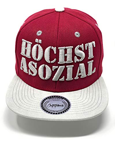 Outfitfabrik ❤️ Snapback Cap Höchst asozial in Bordeaux, Schirm in Alcantara-Optik, 3D-Stick in grau (Statement, Provokation) für Männer und Frauen, One Size, verstellbar an der Rückseite von Outfitfabrik