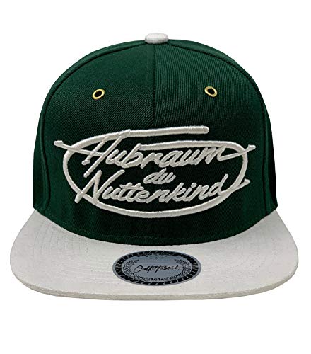 Outfitfabrik Snapback Cap Hubraum du Nuttenkind in Old-English-Green, Schirm in Alcantara-Optik mit 3D-Stick in weiß (Lifestyle, Provokation, Statement, PS, grün, Auto), One Size von Outfitfabrik