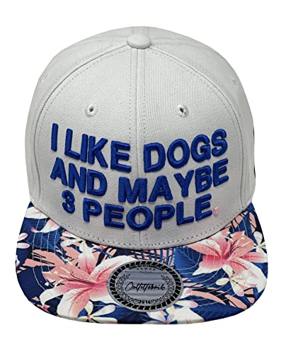 Outfitfabrik Snapback Cap I Like Dogs and Maybe 3 People (Ich mag Hunde...) in weiß mit Blumen-Muster-Schirm und 3D-Stick in rosa (Statement, Spruch, Blume), One Size von Outfitfabrik