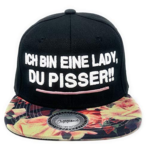 Outfitfabrik ❤️ Snapback Cap Ich Bin eine Lady, du Pisser in schwarz, Schirm mit Flowerdesign/Blumenprint mit 3D-Stick (Provokation, Statement, Lifestyle), One Size, verstellbar von Outfitfabrik