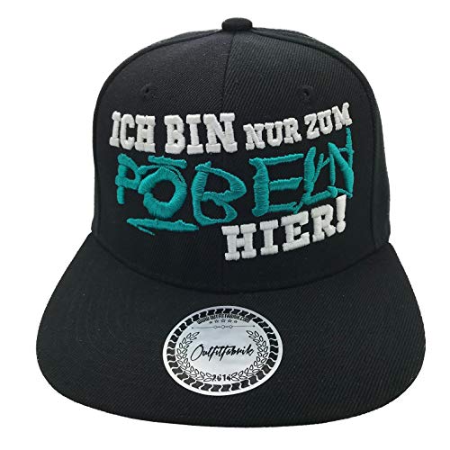 Outfitfabrik Snapback Cap Ich Bin nur zum Pöbeln Hier in schwarz mit weißem/blauem 3D-Stick (Festival, Lifestyle, Provokation, Statement) von Outfitfabrik