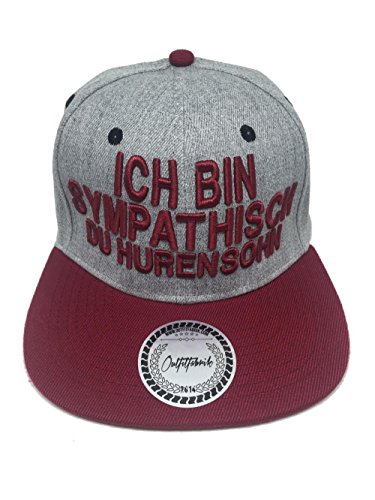 Outfitfabrik ♥ Snapback Cap Ich Bin sympathisch du Hurensohn in grau-Bordeaux mit 3D Stick (Provokation, Statement) für Männer und Frauen, One Size, gerader Schirm von Outfitfabrik