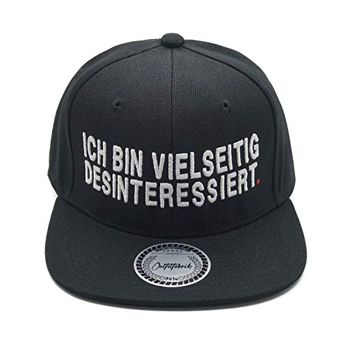 Outfitfabrik ♥ Snapback Cap Ich Bin vielseitig desinteressiert in schwarz mit weißem 3D Stick (Statement, Provokation, Geschenk), für Männer und Frauen, verstellbar von Outfitfabrik