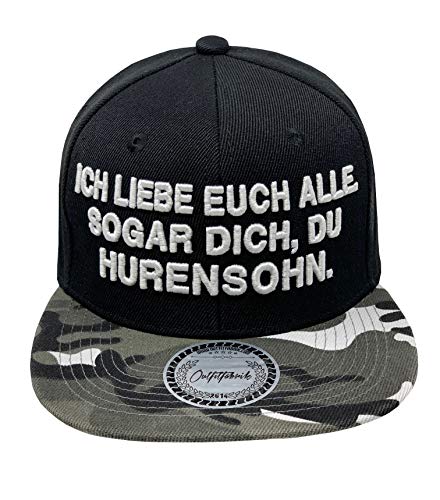 Outfitfabrik Snapback Cap Ich Liebe euch alle. Sogar Dich, du Hurensohn in schwarz/Camouflage mit 3D-Stick in weiß (Lifestyle, Provokation, Statement, Army, Tarnmuster, camo) von Outfitfabrik